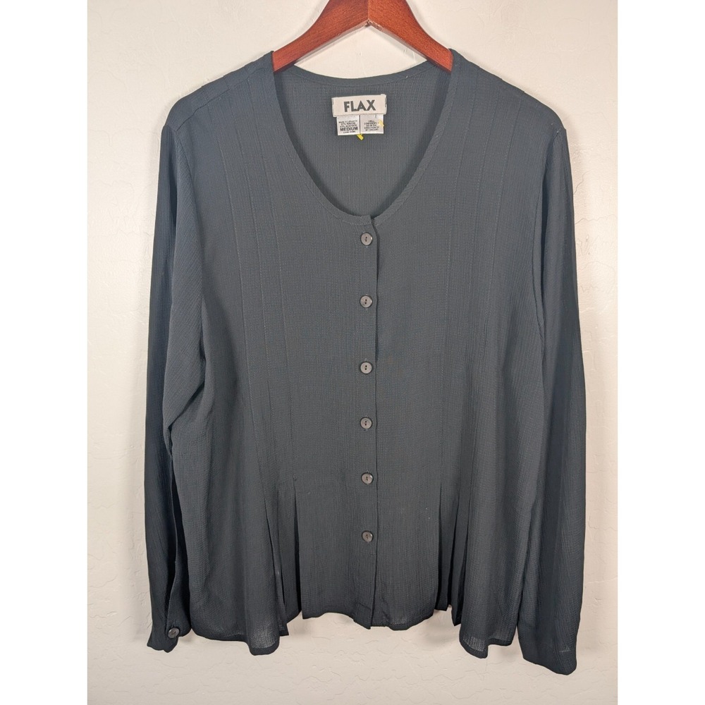 Flax Blouse Women's Medium Black Top Long Sleeve Button Up Round Neck Business